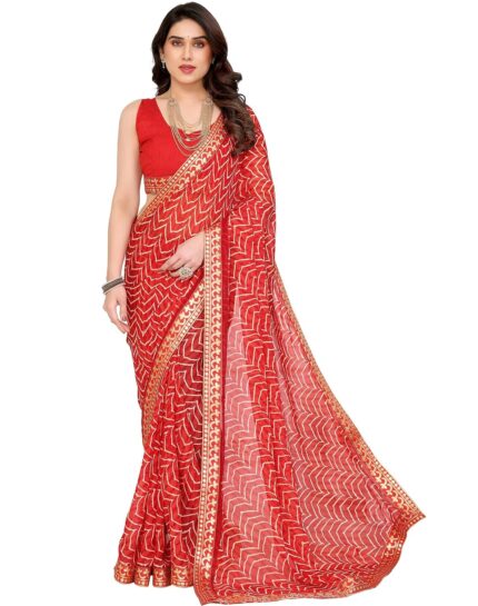 Yashika Women’s Printed Georgette Printed Saree With Lace Border and Blouse Material by VintaVool