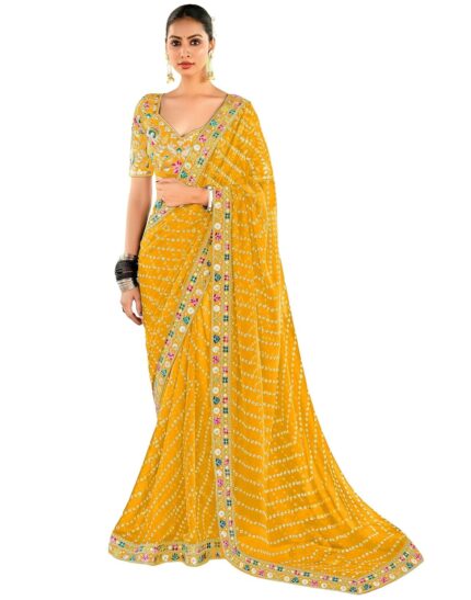 SIRIL Women’s Georgette Printed Bandhani Saree With Unstitched Blouse Piece by VintaVool