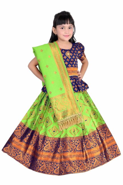 satyamfab Girls Pattu Pavadai Ready To Wear Lehenga, Blouse & Dupatta Set – Heavy Jacquard Fabric, Fully Stitched(1-12 YEARS) by VintaVool