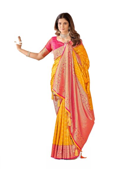 Mehrang Cotton Banarasi Silk Saree for Women With Unstitched Blouse Piece by VintaVool