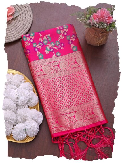 DEVANGI Women’s Banarasi Silk Jacquard Floral Print Dupatta/Chunni with Meena Work For Girls, Width 1 Meter, Length 2.5 Meter by VintaVool