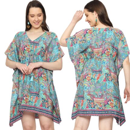 KE KANHA EXPORTS short Kaftan for women’s & girls unique border design and tassel stretchable adjustable drawstring free size western kaftan fit flared floral all seasons by VintaVool